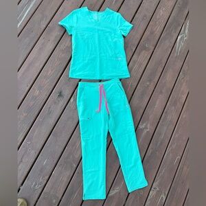 Figs Teal Scrub Set with Pink Drawstring
